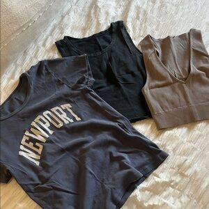 Brandy Melville Navy Graphic Tee + Black Tank + Taupe Ribbed V-Neck